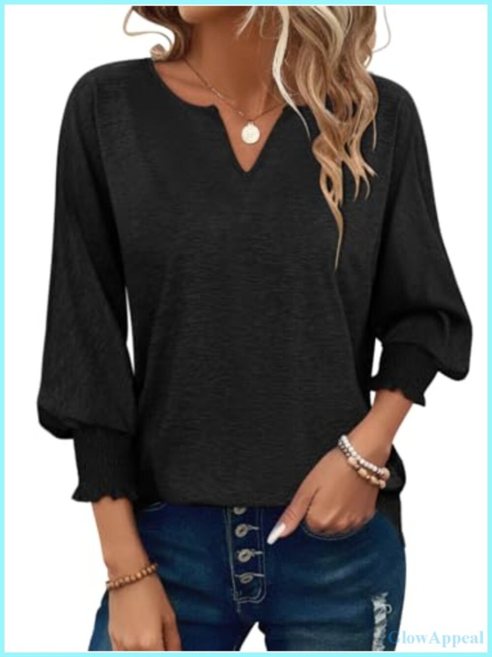 Women's 3/4 Sleeve V-Neck Casual Ruffle Tops Soft Cotton Blend Summer Shirts